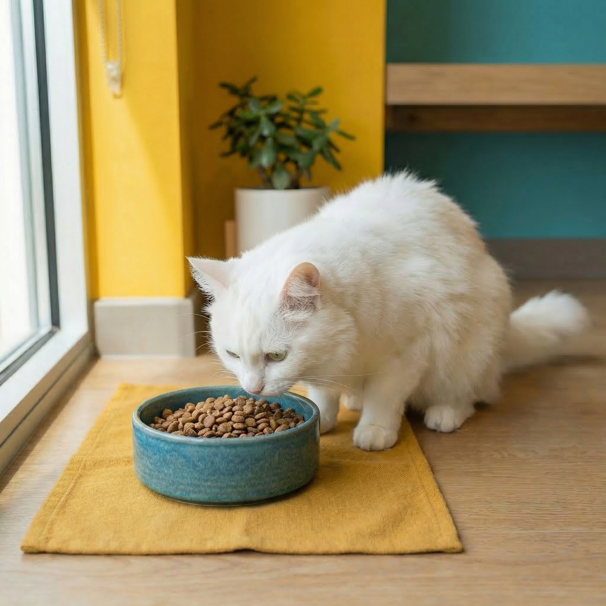 Cat eating from a bowl — choosing the right food for your cat's life stage